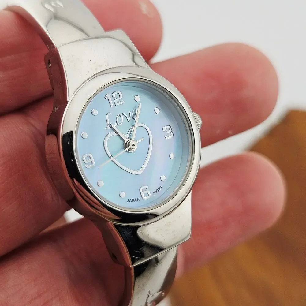 Y2K Style Silver Tone Love Watch Baby Blue Pearlescent Dial Hearts Cutesy Kawaii